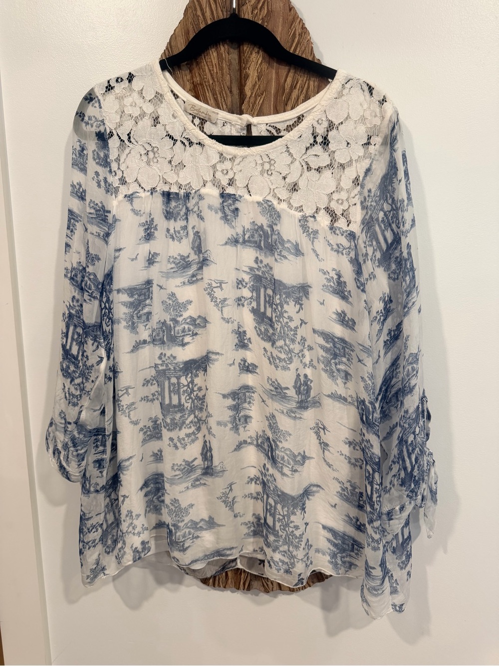 Cottage Core Style Blue & White 100% Silk Top Size XL